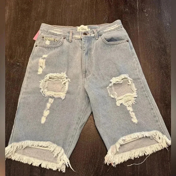 Light Blue Jeans Bermuda Shorts Distressed High Waisted Size M /28 - Picture 2 of 13